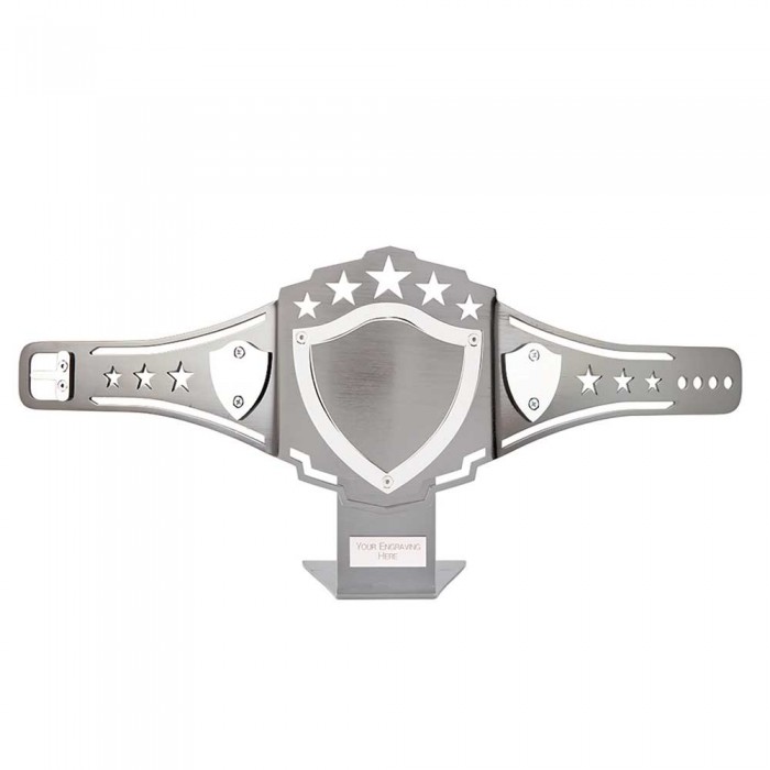 NICKEL PLATED BOXING BELT PRESENTATION SHIELD (CUSTOM CENTRE OPTIONAL) - 52CM X 22CM